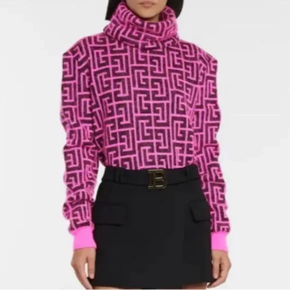 Balmain x Rossignol Logo monogram wool Mohair turtleneck sweater Pink Black
